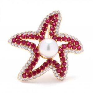 Starfish ruby, diamond and pearl pin